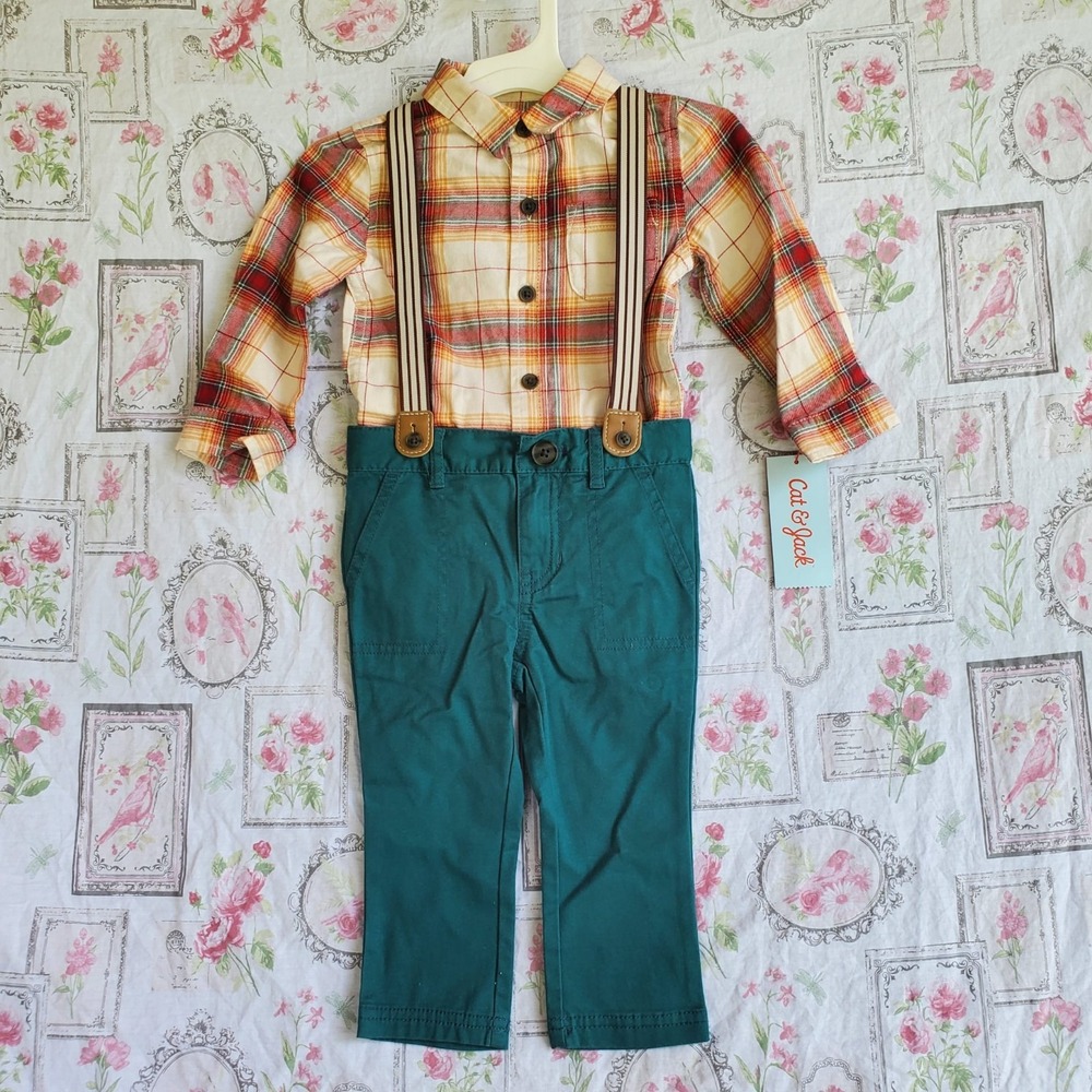 Cat & Jack by Carter's Outfit Green Suspender Pants Red Shirt 12 months
